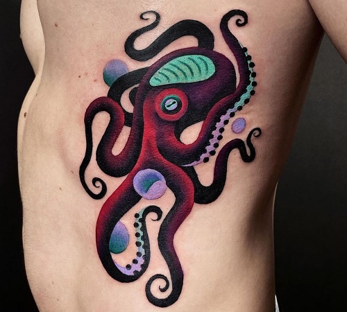 Grey Ink Octopus Tattoo On Side Thigh